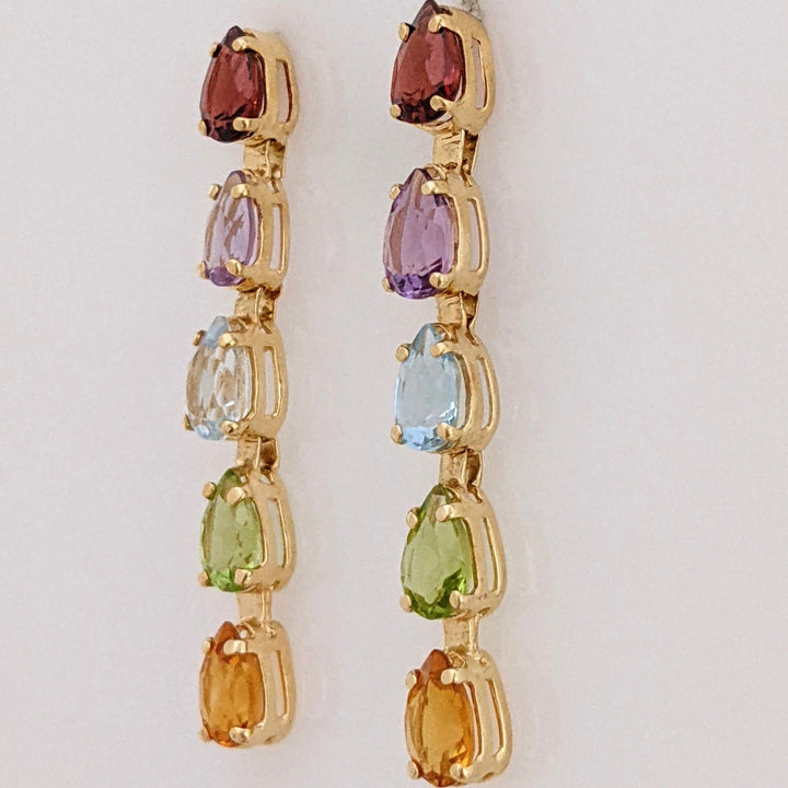 14K GARNET, AMETHYST, BLUE TOPAZ, PERIDOT, CITRINE PEAR 4X6 (10) DROP ESTATE EARRINGS 2.5 GRAMS