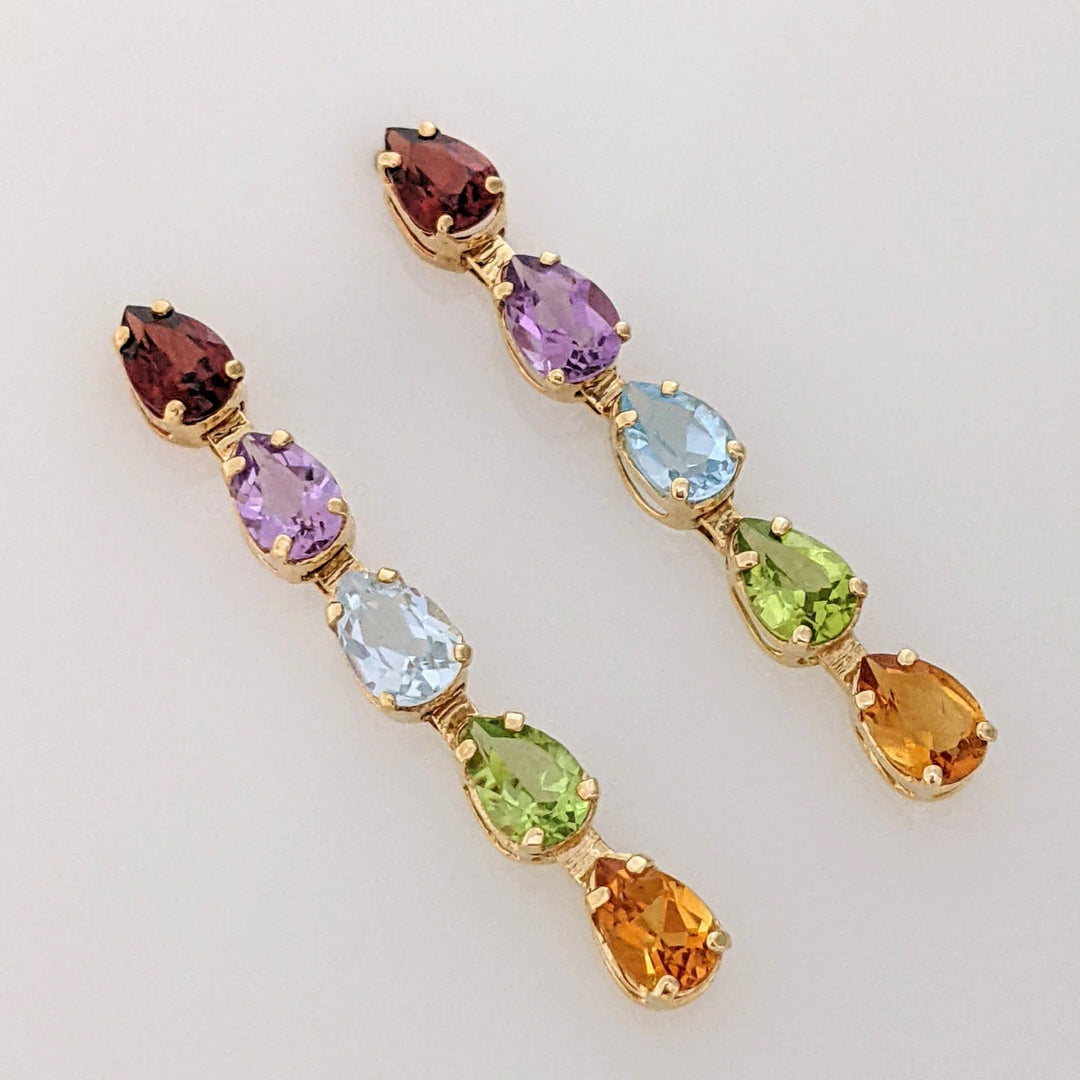 14K GARNET, AMETHYST, BLUE TOPAZ, PERIDOT, CITRINE PEAR 4X6 (10) DROP ESTATE EARRINGS 2.5 GRAMS
