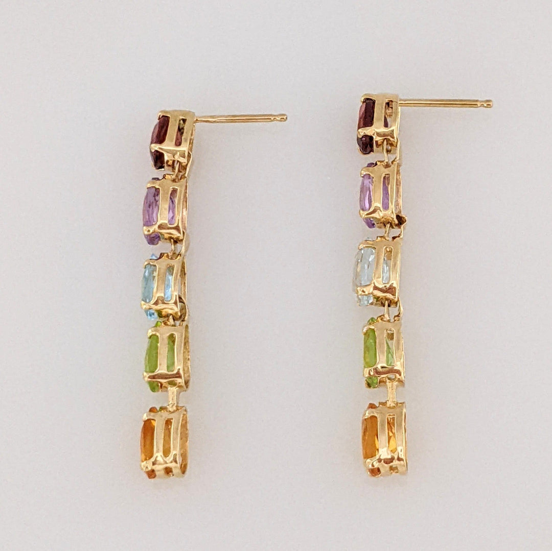 14K GARNET, AMETHYST, BLUE TOPAZ, PERIDOT, CITRINE PEAR 4X6 (10) DROP ESTATE EARRINGS 2.5 GRAMS