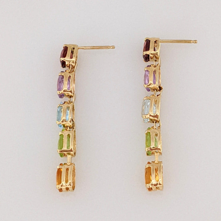 14K GARNET, AMETHYST, BLUE TOPAZ, PERIDOT, CITRINE PEAR 4X6 (10) DROP ESTATE EARRINGS 2.5 GRAMS