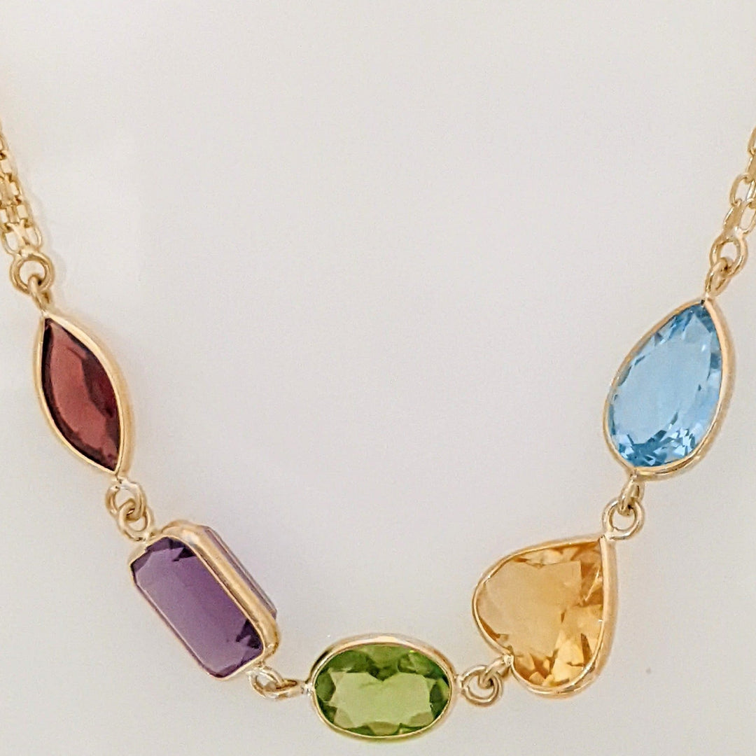 14K GARNET MARQUISE, AMETHYST EMERALD CUT, PERIDOT OVAL, CITRINE HEART, BLUE TOPAZ PEAR ESTATE NECKLACE 16.5 GRAMS