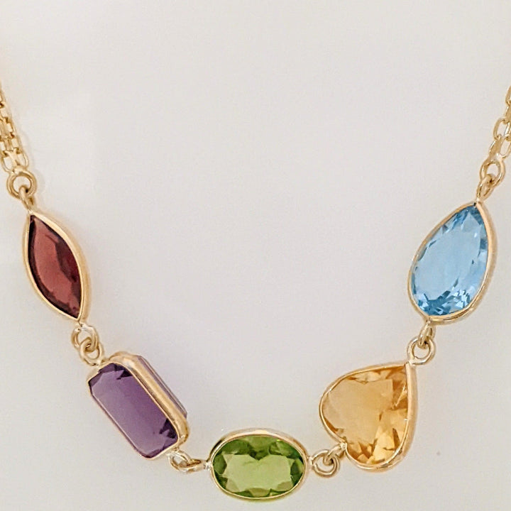 14K GARNET MARQUISE, AMETHYST EMERALD CUT, PERIDOT OVAL, CITRINE HEART, BLUE TOPAZ PEAR ESTATE NECKLACE 16.5 GRAMS