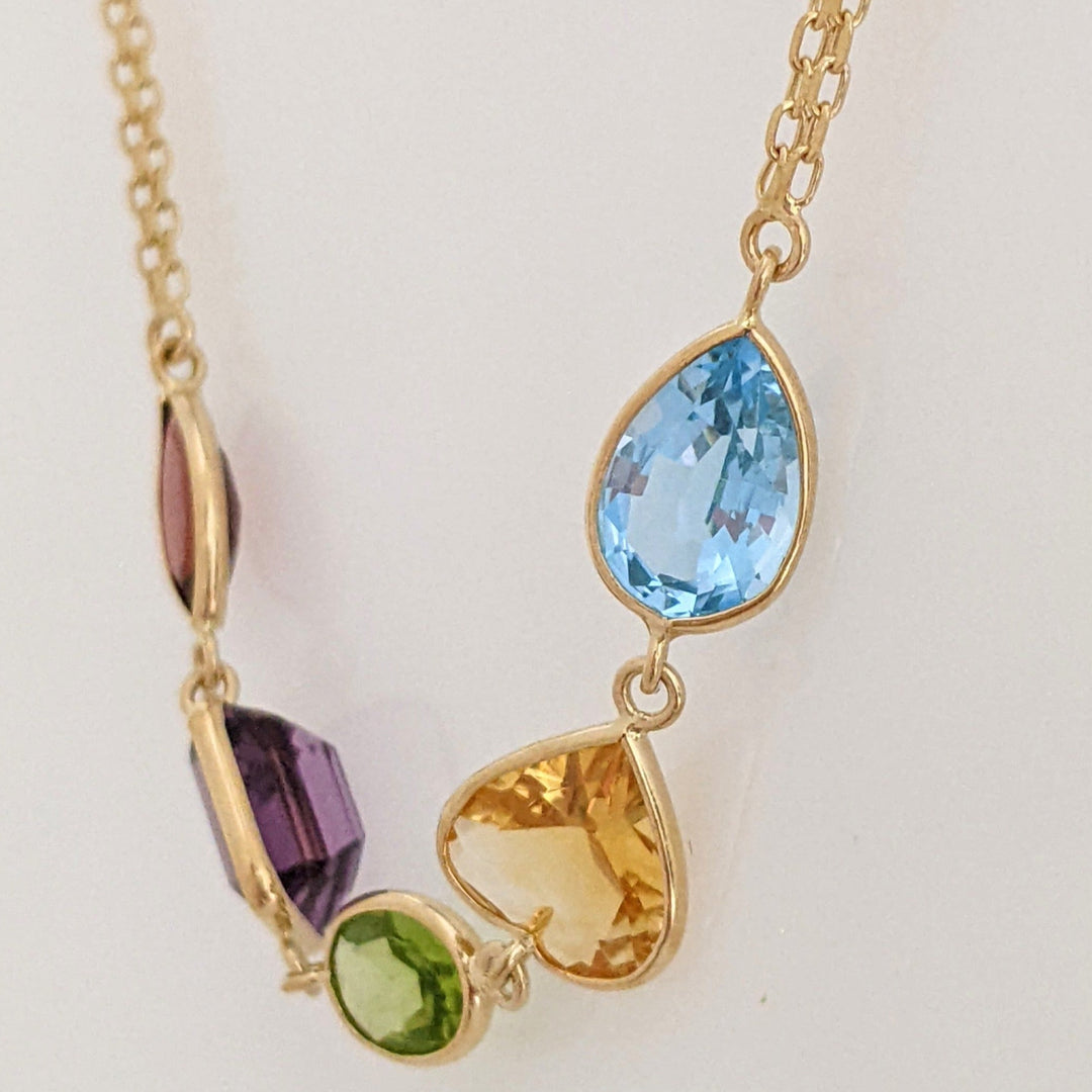 14K GARNET MARQUISE, AMETHYST EMERALD CUT, PERIDOT OVAL, CITRINE HEART, BLUE TOPAZ PEAR ESTATE NECKLACE 16.5 GRAMS