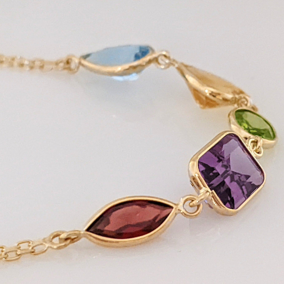 14K GARNET MARQUISE, AMETHYST EMERALD CUT, PERIDOT OVAL, CITRINE HEART, BLUE TOPAZ PEAR ESTATE NECKLACE 16.5 GRAMS
