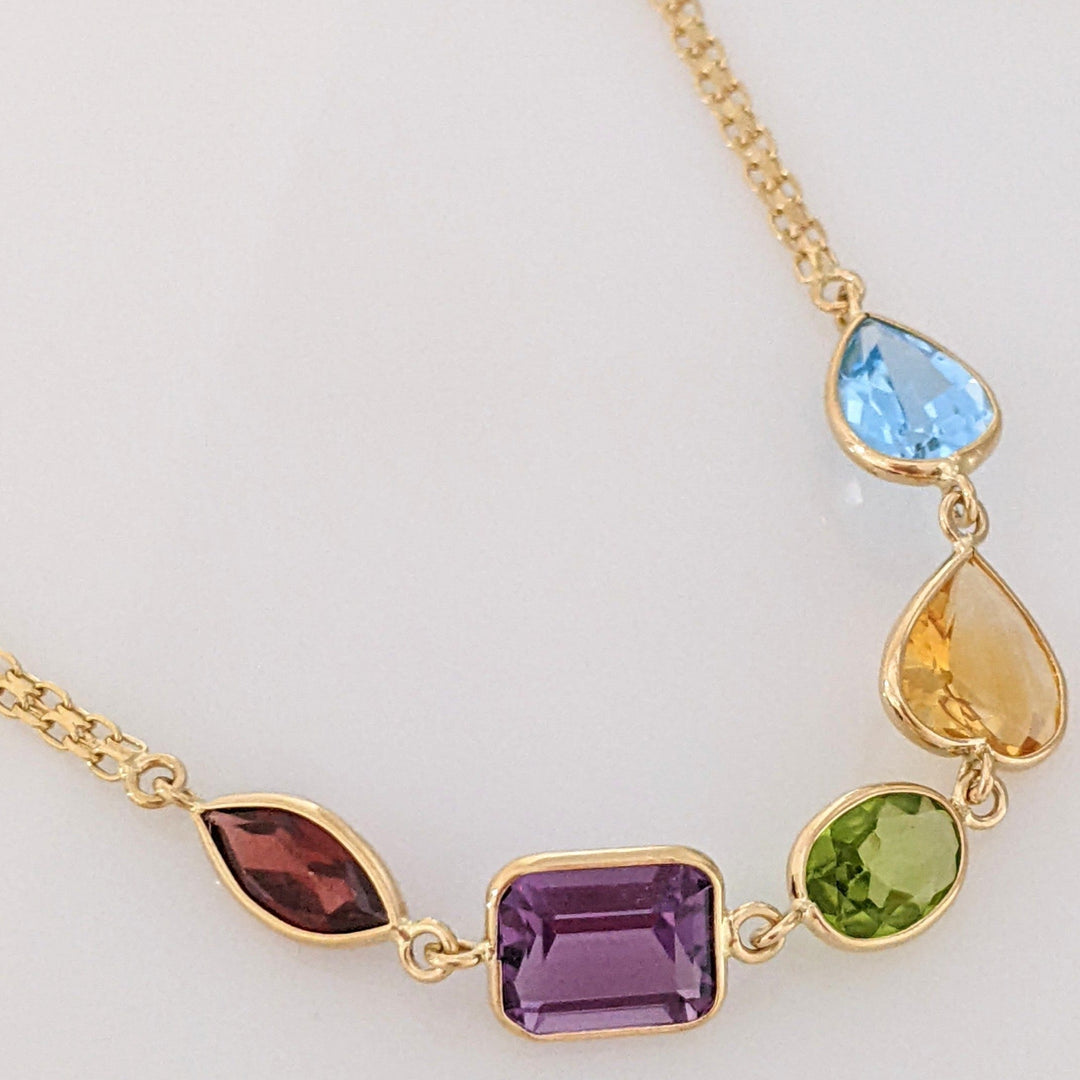 14K GARNET MARQUISE, AMETHYST EMERALD CUT, PERIDOT OVAL, CITRINE HEART, BLUE TOPAZ PEAR ESTATE NECKLACE 16.5 GRAMS