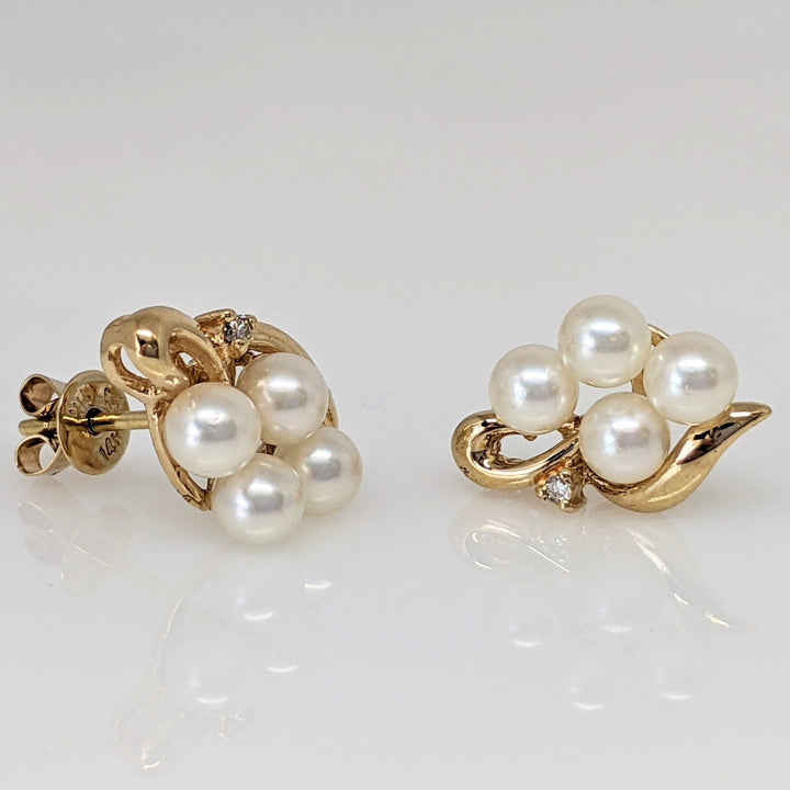 14K PEARL ROUND (8) 3-4MM CLUSTER WITH MELEE ESTATE EARRINGS 2.8 GRAMS