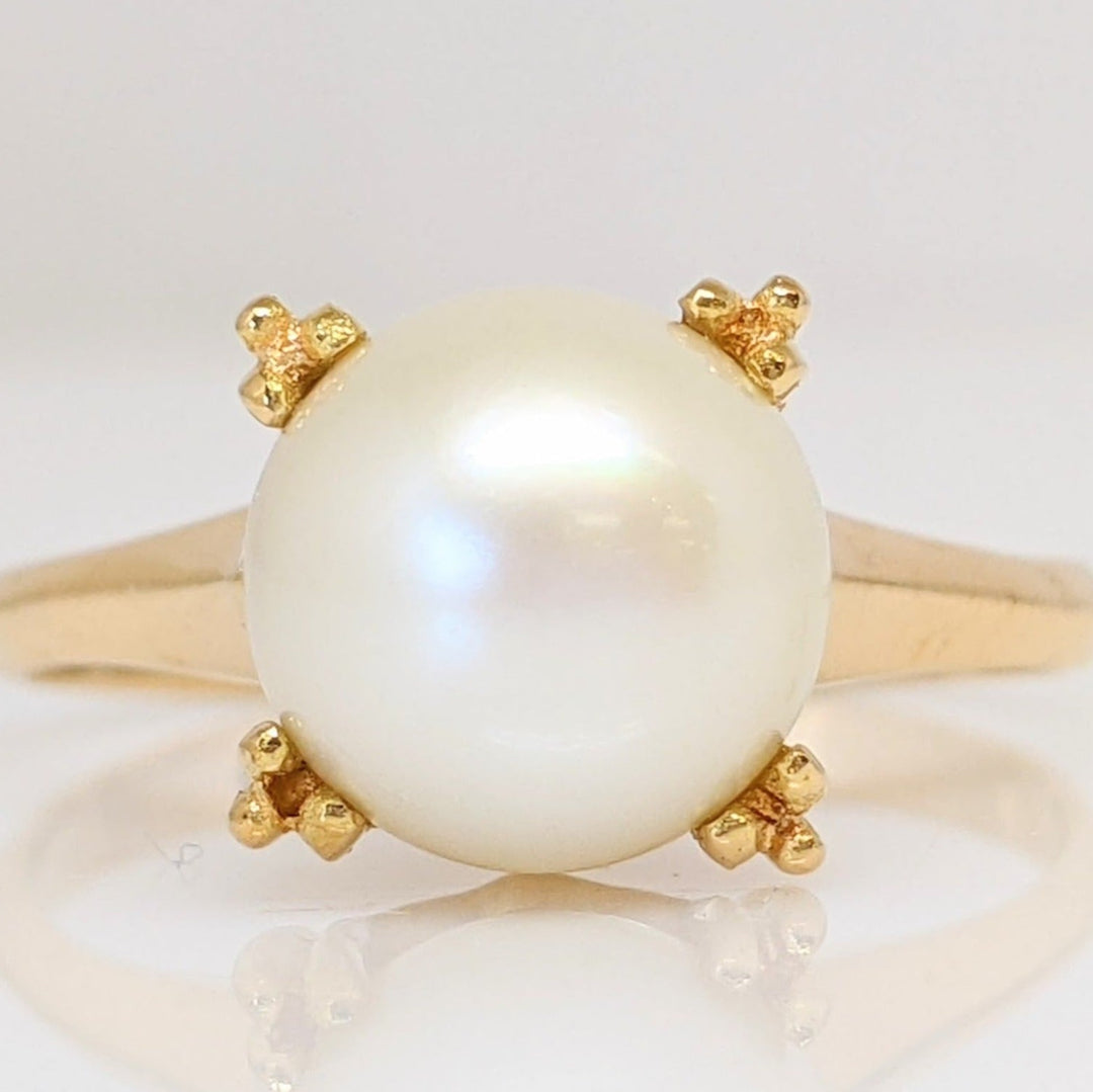 18K PEARL ROUND 8MM DOUBLE PRONG ESTATE RING 3.1 GRAMS