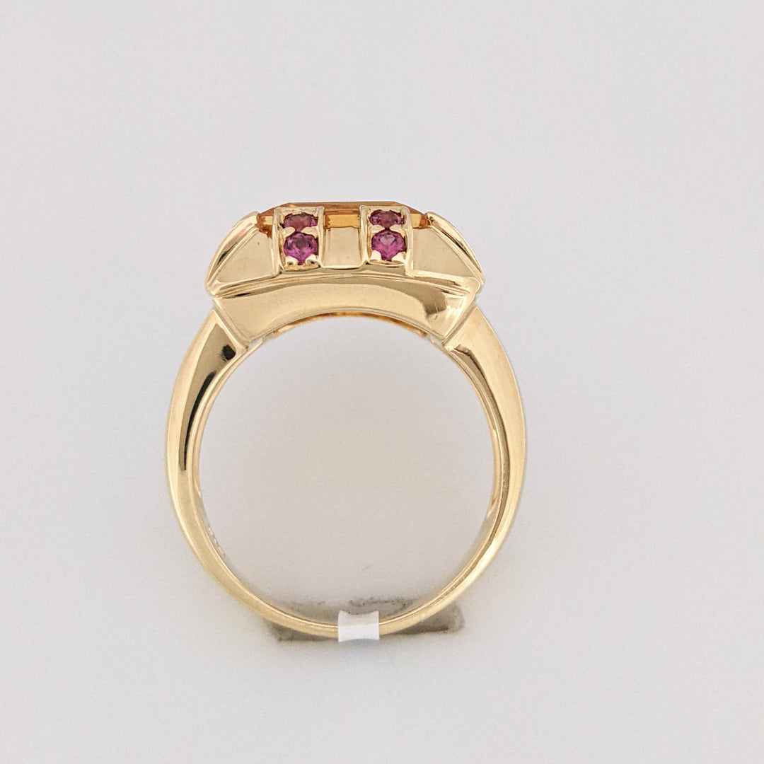 14K CITRINE PRINCESS CUT 10MM WITH (16) PINK TOURMALINE 2MM ROUND ESTATE RING 10.5 GRAMS