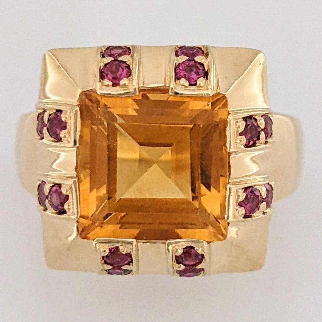 14K CITRINE PRINCESS CUT 10MM WITH (16) PINK TOURMALINE 2MM ROUND ESTATE RING 10.5 GRAMS