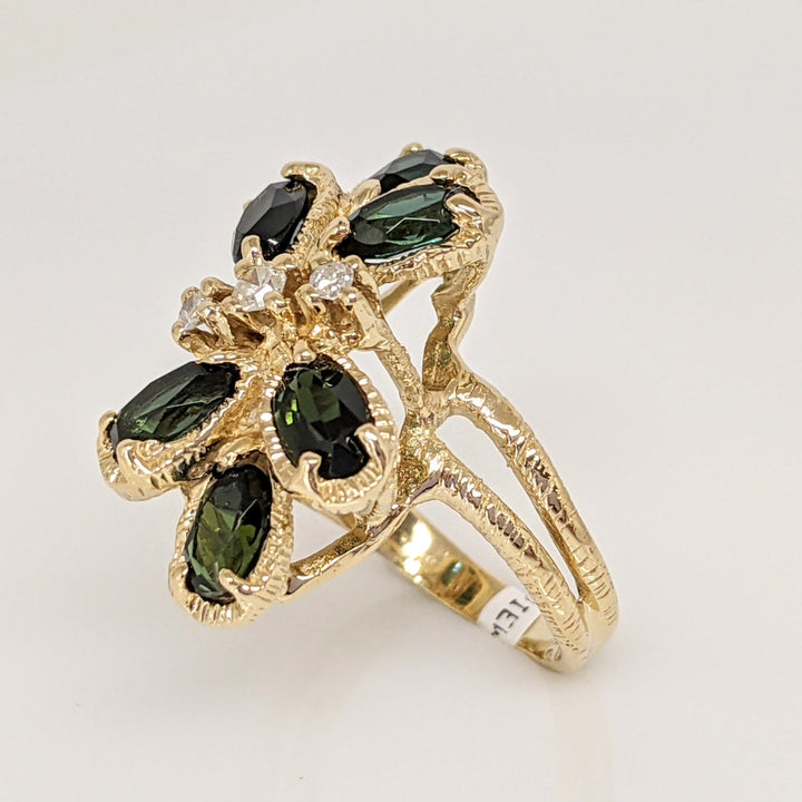 14K GREEN TOURMALINE OVAL (6) 3X5 WITH (3) MELEE ESTATE CLUSTER RING 4.5 GRAMS