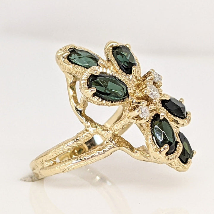 14K GREEN TOURMALINE OVAL (6) 3X5 WITH (3) MELEE ESTATE CLUSTER RING 4.5 GRAMS