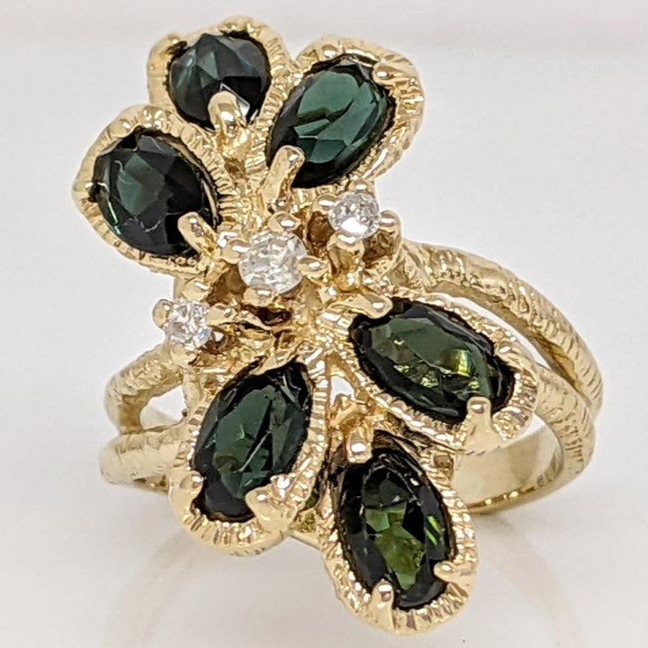 14K GREEN TOURMALINE OVAL (6) 3X5 WITH (3) MELEE ESTATE CLUSTER RING 4.5 GRAMS