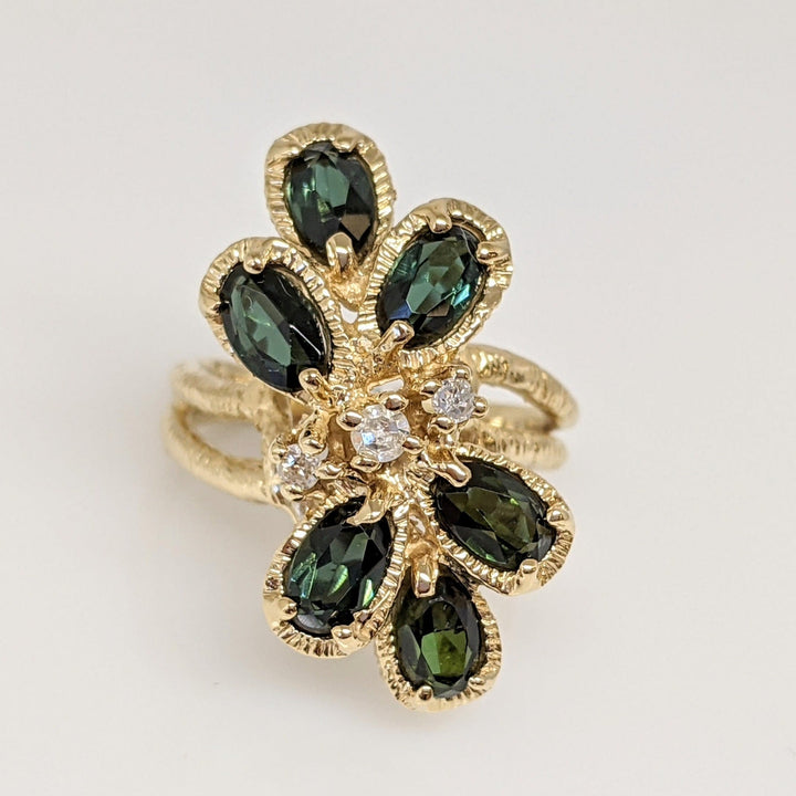 14K GREEN TOURMALINE OVAL (6) 3X5 WITH (3) MELEE ESTATE CLUSTER RING 4.5 GRAMS