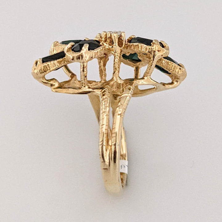 14K GREEN TOURMALINE OVAL (6) 3X5 WITH (3) MELEE ESTATE CLUSTER RING 4.5 GRAMS