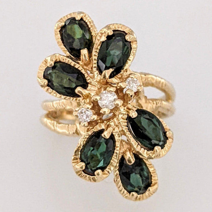 14K GREEN TOURMALINE OVAL (6) 3X5 WITH (3) MELEE ESTATE CLUSTER RING 4.5 GRAMS