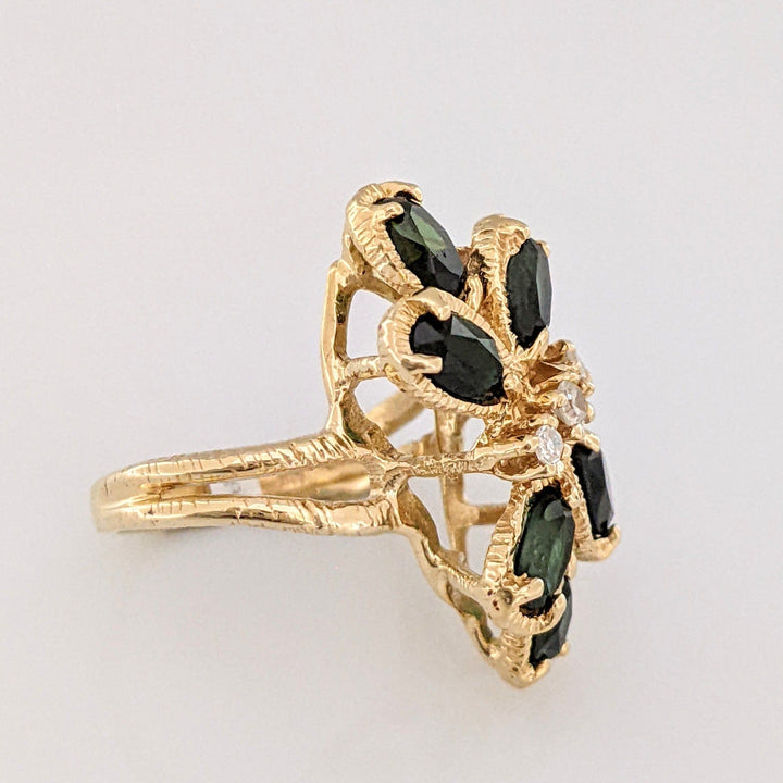 14K GREEN TOURMALINE OVAL (6) 3X5 WITH (3) MELEE ESTATE CLUSTER RING 4.5 GRAMS