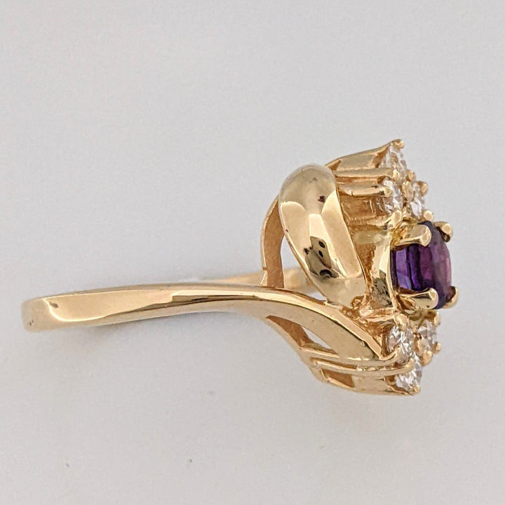 14K AMETHYST ROUND 5MM WITH .30 DIAMOND TOTAL WEIGHT ESTATE RING 4.2 GRAMS