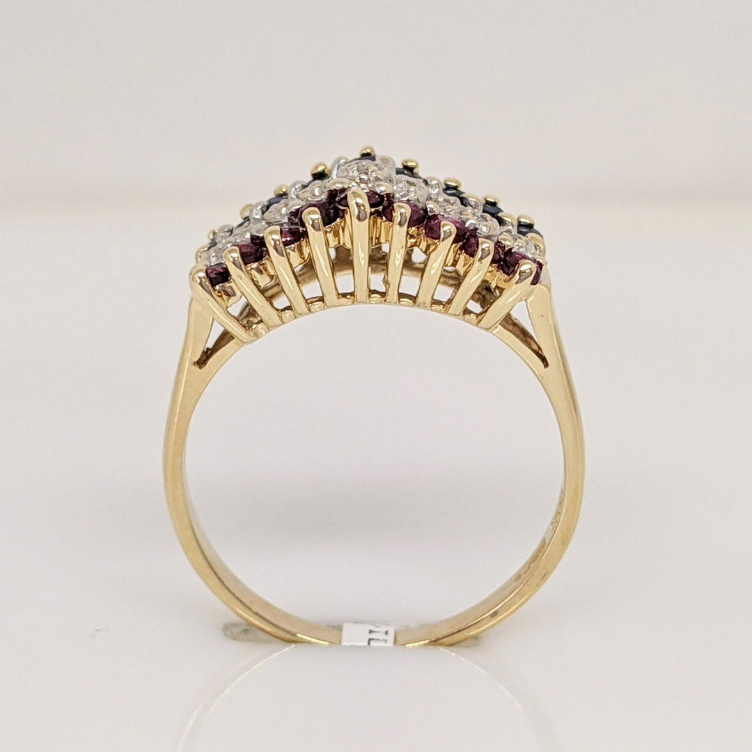 14K RUBY (9) SAPPHIRE (9) DIAMOND (9) 3-ROW ESTATE RING 2.7 GRAMS