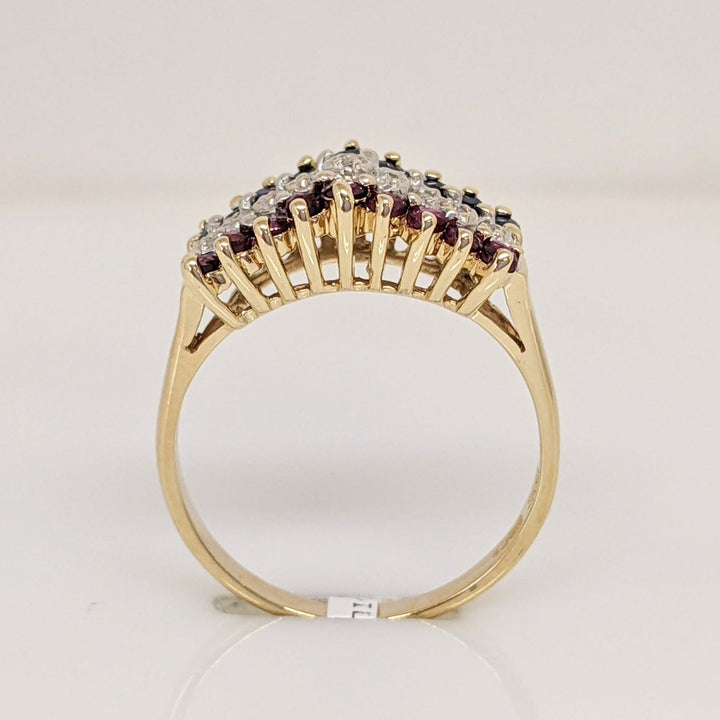 14K RUBY (9) SAPPHIRE (9) DIAMOND (9) 3-ROW ESTATE RING 2.7 GRAMS