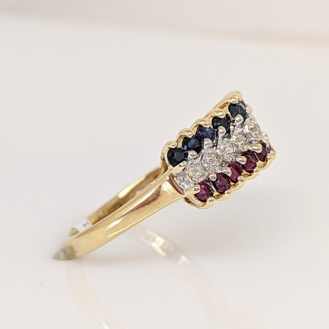 14K RUBY (9) SAPPHIRE (9) DIAMOND (9) 3-ROW ESTATE RING 2.7 GRAMS