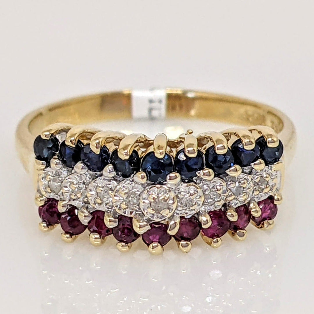 14K RUBY (9) SAPPHIRE (9) DIAMOND (9) 3-ROW ESTATE RING 2.7 GRAMS