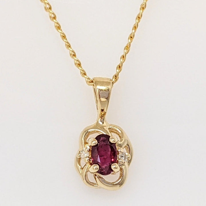 14K RUBY OVAL 3X5 WITH (2) DIAMOND ESTATE PENDANT & CHAIN 2.6 GRAMS
