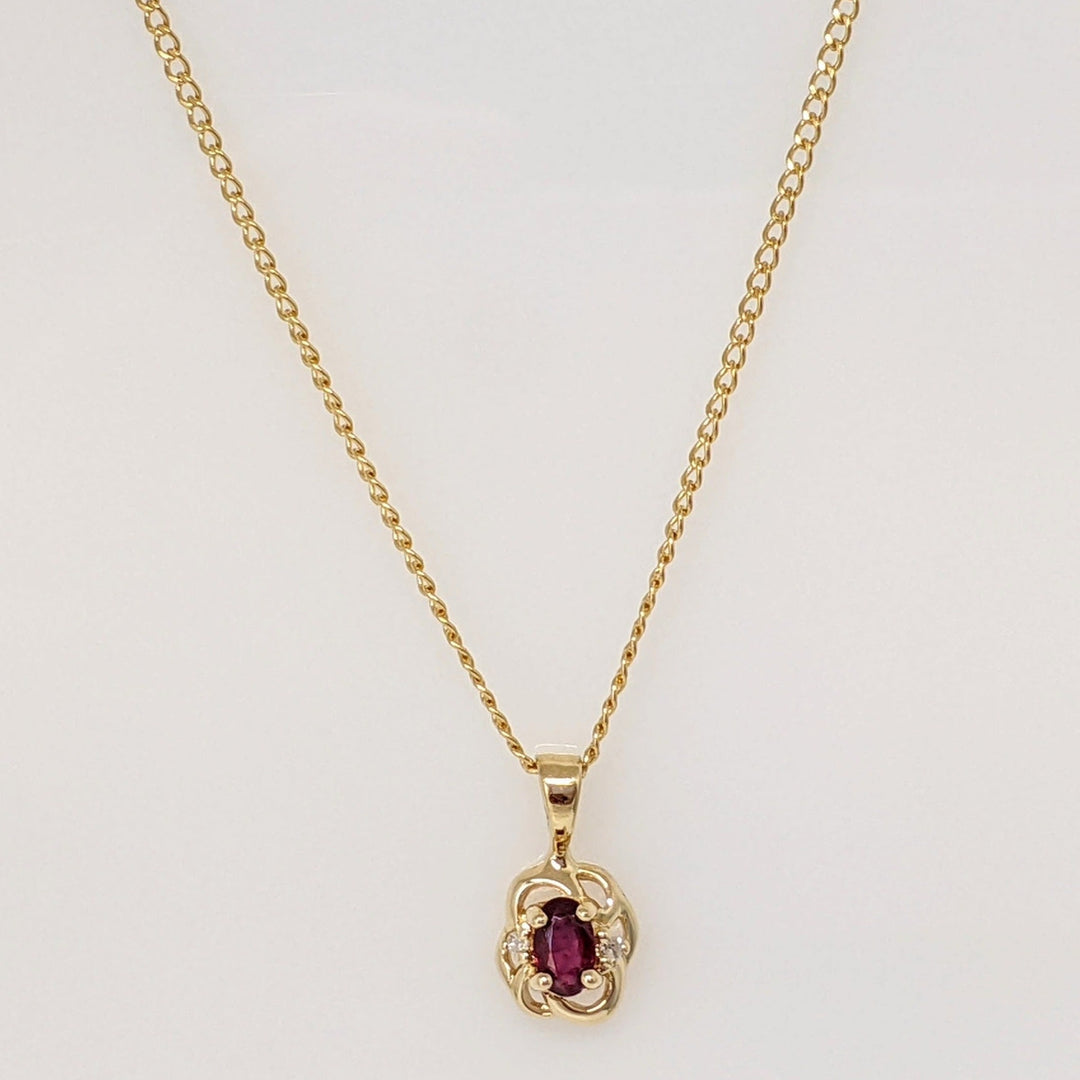 14K RUBY OVAL 3X5 WITH (2) DIAMOND ESTATE PENDANT & CHAIN 2.6 GRAMS