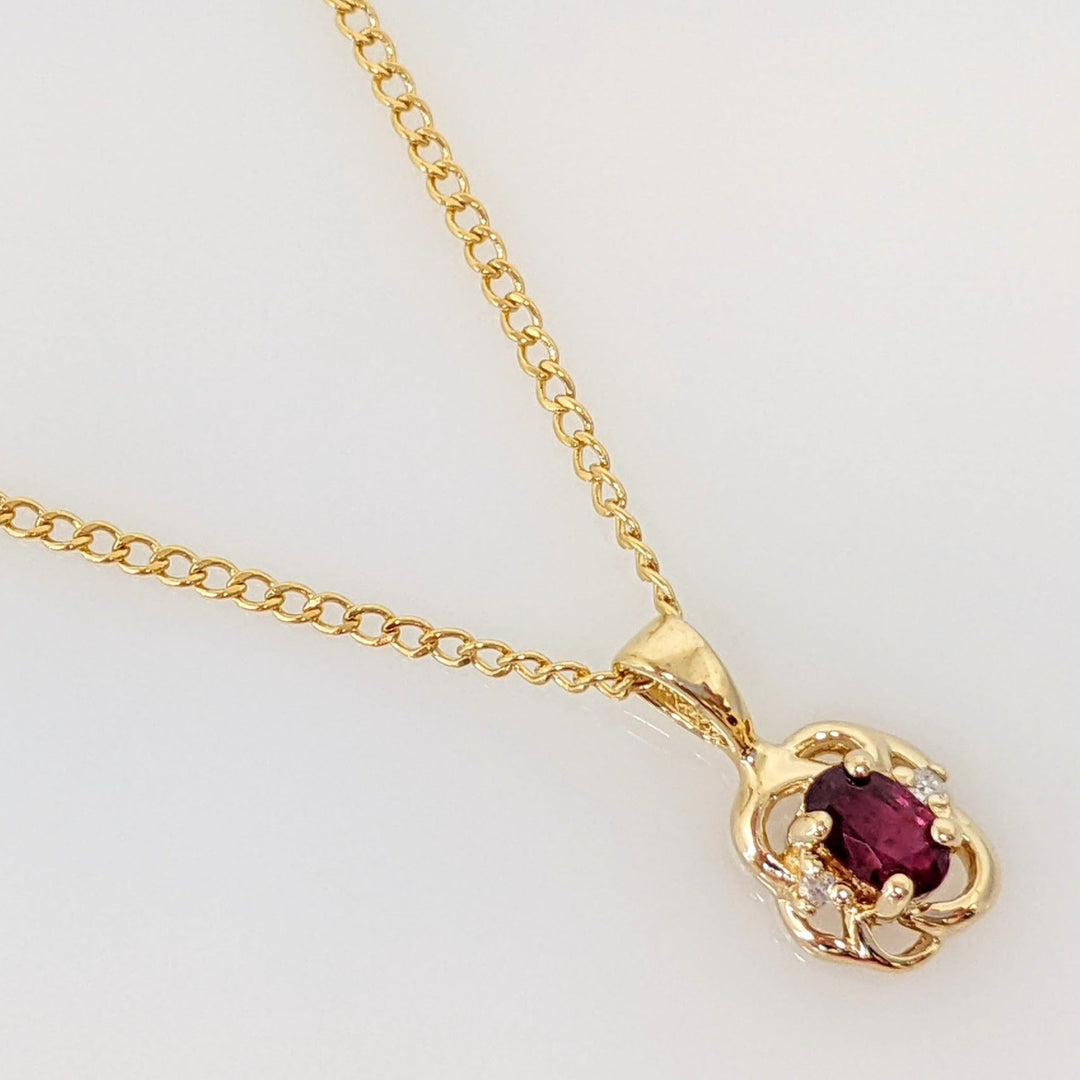 14K RUBY OVAL 3X5 WITH (2) DIAMOND ESTATE PENDANT & CHAIN 2.6 GRAMS