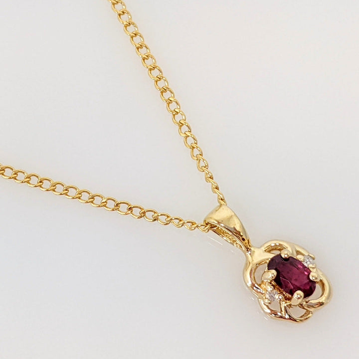 14K RUBY OVAL 3X5 WITH (2) DIAMOND ESTATE PENDANT & CHAIN 2.6 GRAMS