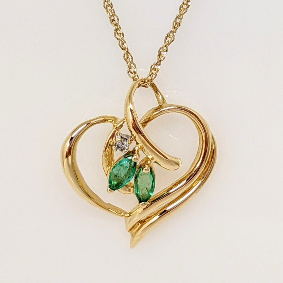14K EMERALD MARQUISE (2) 2.5X5 WITH MELEE ESTATE PENDANT & CHAIN 2.7 GRAMS