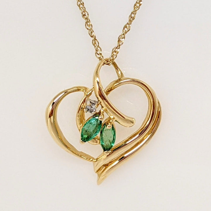 14K EMERALD MARQUISE (2) 2.5X5 WITH MELEE ESTATE PENDANT & CHAIN 2.7 GRAMS