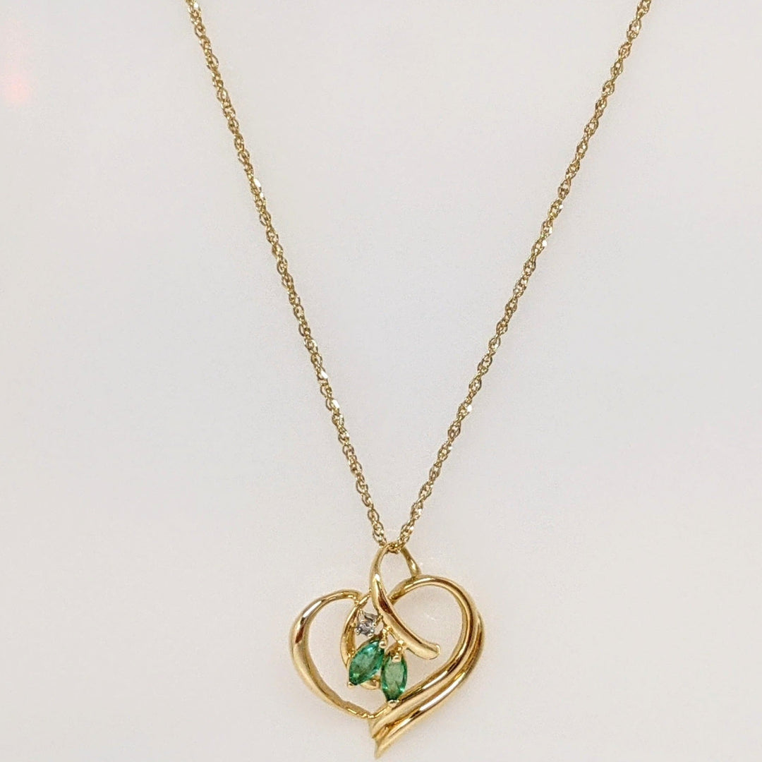14K EMERALD MARQUISE (2) 2.5X5 WITH MELEE ESTATE PENDANT & CHAIN 2.7 GRAMS