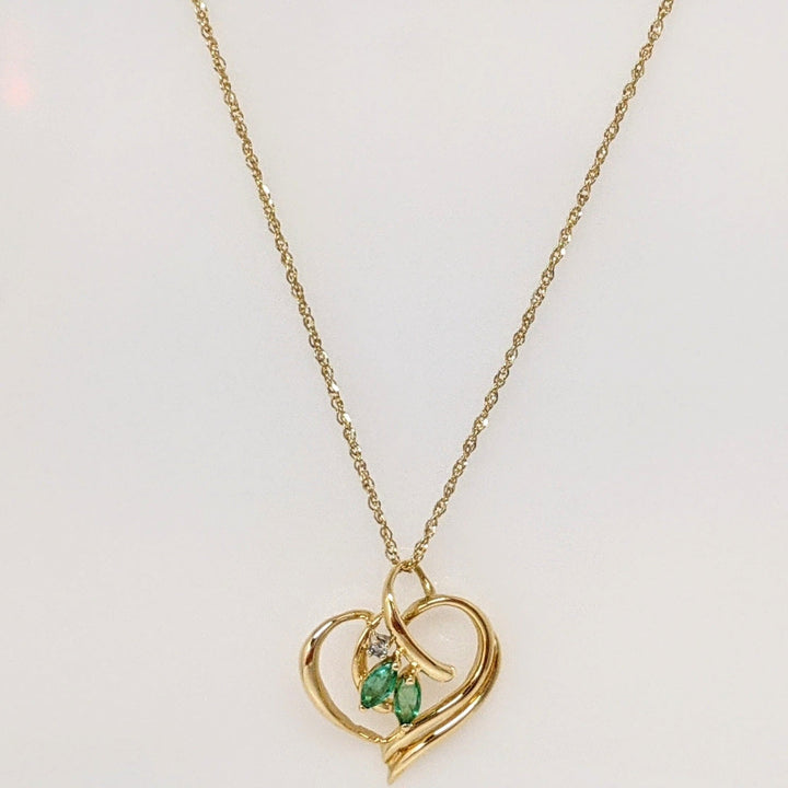 14K EMERALD MARQUISE (2) 2.5X5 WITH MELEE ESTATE PENDANT & CHAIN 2.7 GRAMS