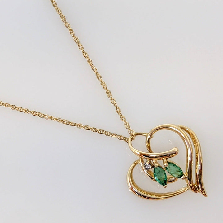 14K EMERALD MARQUISE (2) 2.5X5 WITH MELEE ESTATE PENDANT & CHAIN 2.7 GRAMS