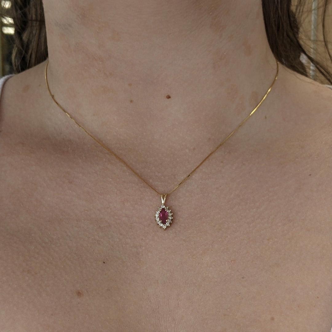 14K RUBY MARQUISE 4X8 WTH (14) MELEE ESTATE PENDANT & CHAIN 2.0 GRAMS