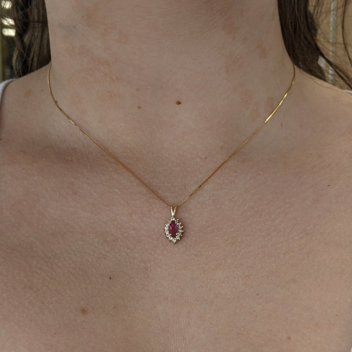 14K RUBY MARQUISE 4X8 WTH (14) MELEE ESTATE PENDANT & CHAIN 2.0 GRAMS
