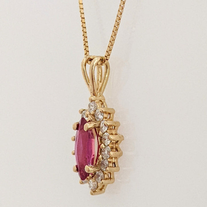 14K RUBY MARQUISE 4X8 WTH (14) MELEE ESTATE PENDANT & CHAIN 2.0 GRAMS