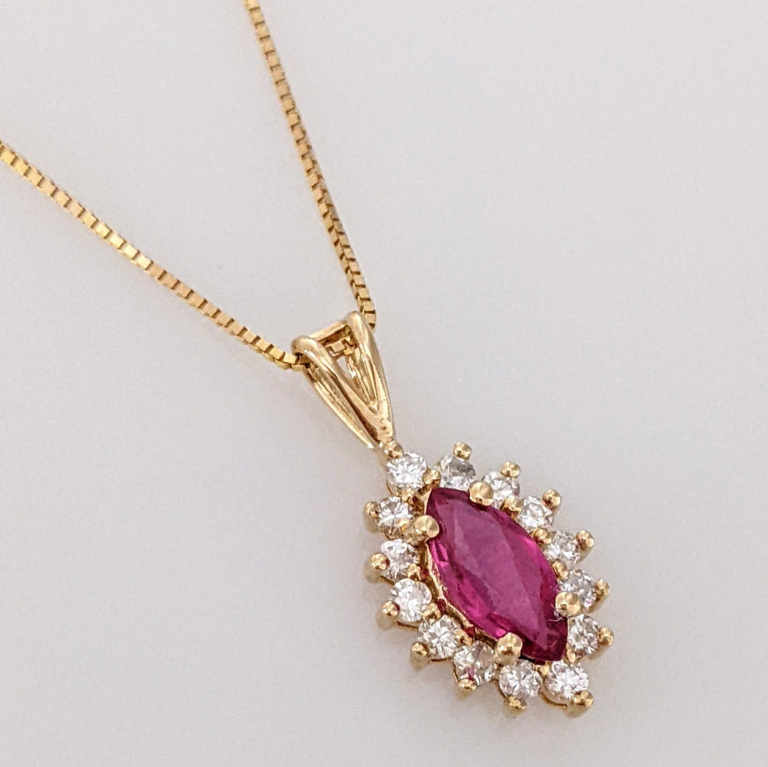 14K RUBY MARQUISE 4X8 WTH (14) MELEE ESTATE PENDANT & CHAIN 2.0 GRAMS