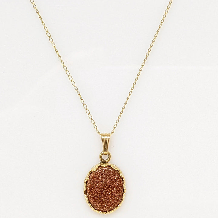 14K GLITTER GOLD STONE 10X12 OVAL ESTATE EARRING, PENDANT & CHAIN SET 5.8 GRAMS