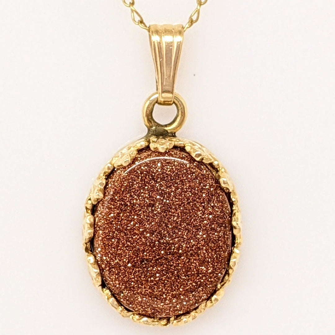 14K GLITTER GOLD STONE 10X12 OVAL ESTATE EARRING, PENDANT & CHAIN SET 5.8 GRAMS