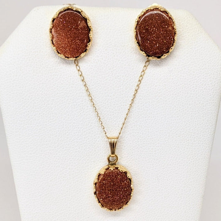14K GLITTER GOLD STONE 10X12 OVAL ESTATE EARRING, PENDANT & CHAIN SET 5.8 GRAMS