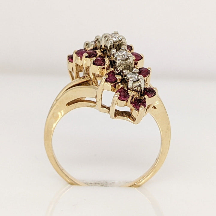 14K RUBY ROUND (14) 1.75MM DIAMOND (5) 1.75MM ESTATE CLUSTER RING 4.6 GRAMS