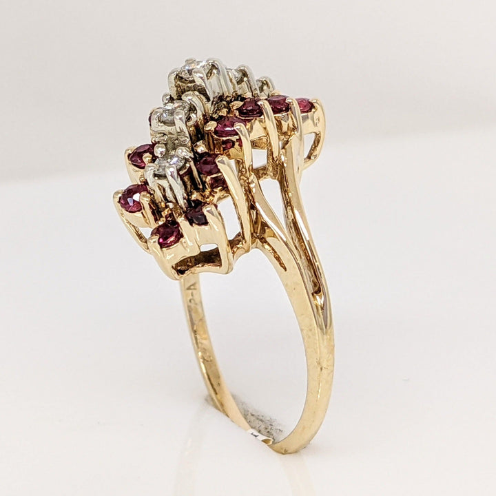 14K RUBY ROUND (14) 1.75MM DIAMOND (5) 1.75MM ESTATE CLUSTER RING 4.6 GRAMS