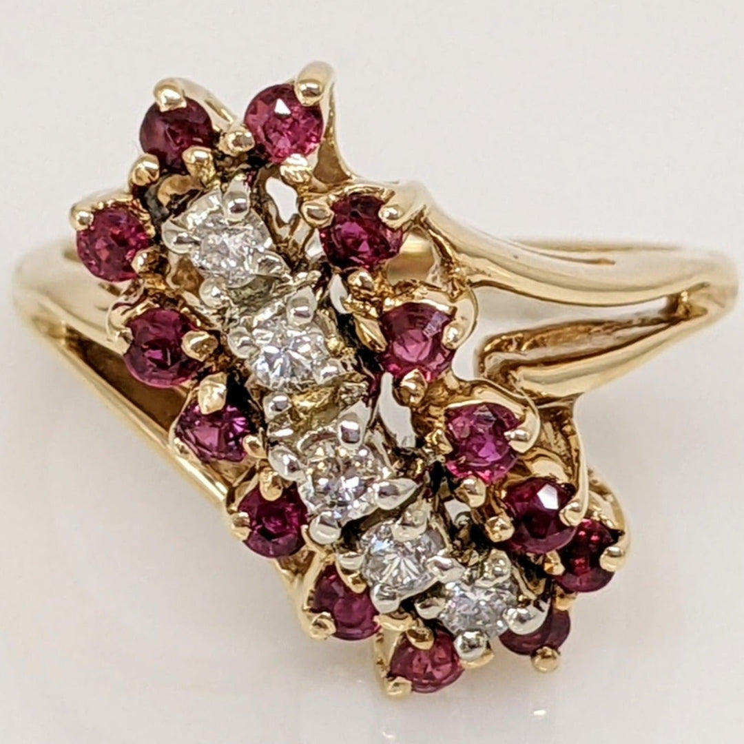 14K RUBY ROUND (14) 1.75MM DIAMOND (5) 1.75MM ESTATE CLUSTER RING 4.6 GRAMS