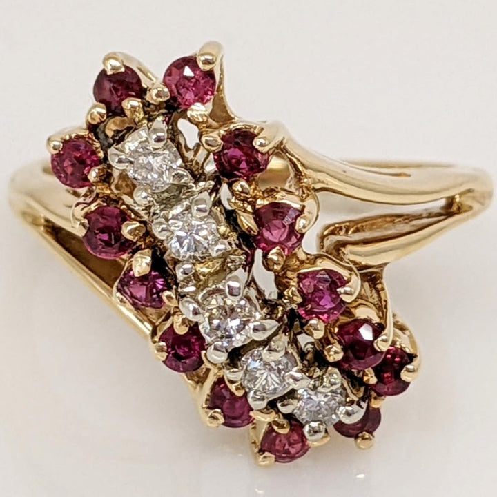 14K RUBY ROUND (14) 1.75MM DIAMOND (5) 1.75MM ESTATE CLUSTER RING 4.6 GRAMS