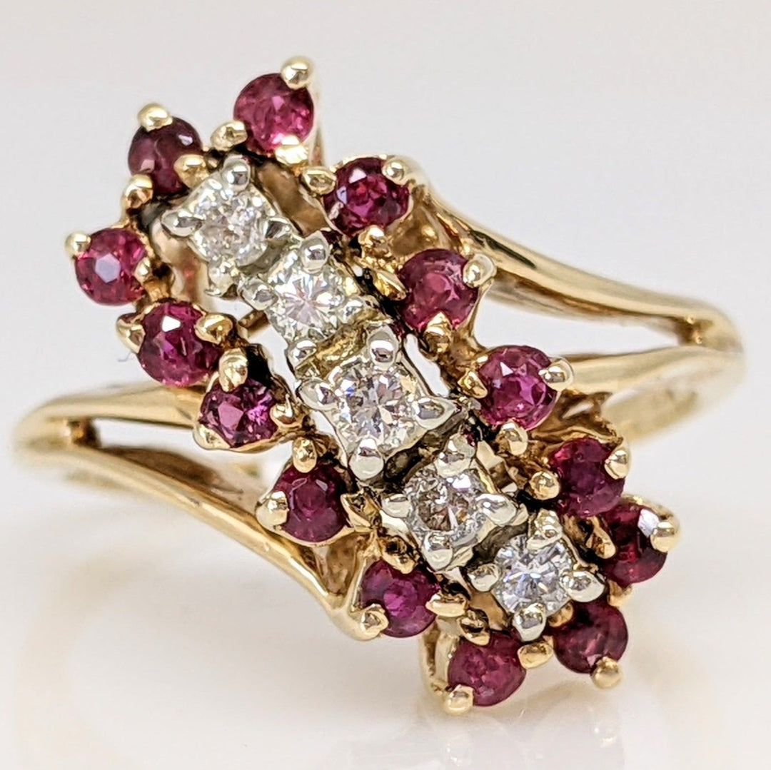 14K RUBY ROUND (14) 1.75MM DIAMOND (5) 1.75MM ESTATE CLUSTER RING 4.6 GRAMS