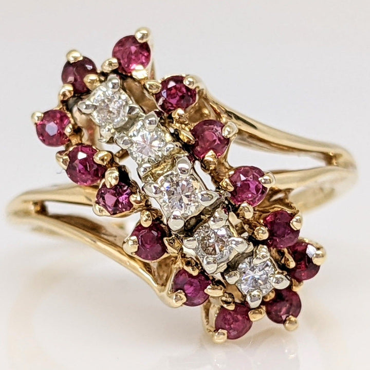 14K RUBY ROUND (14) 1.75MM DIAMOND (5) 1.75MM ESTATE CLUSTER RING 4.6 GRAMS