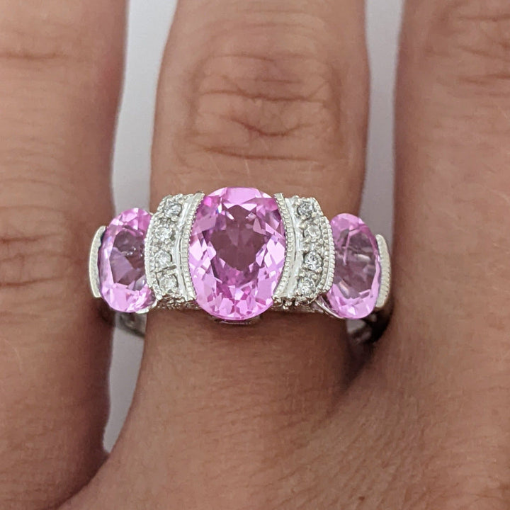 14K WHITE LAB-CREATED PINK SAPPHIRE OVAL (3) WTH .20 DIAMOND TOTAL WEIGHT HALF BEZEL ESTATE RING 4.2 GRAMS