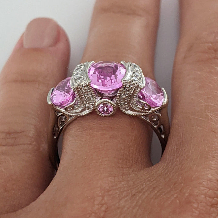 14K WHITE LAB-CREATED PINK SAPPHIRE OVAL (3) WTH .20 DIAMOND TOTAL WEIGHT HALF BEZEL ESTATE RING 4.2 GRAMS