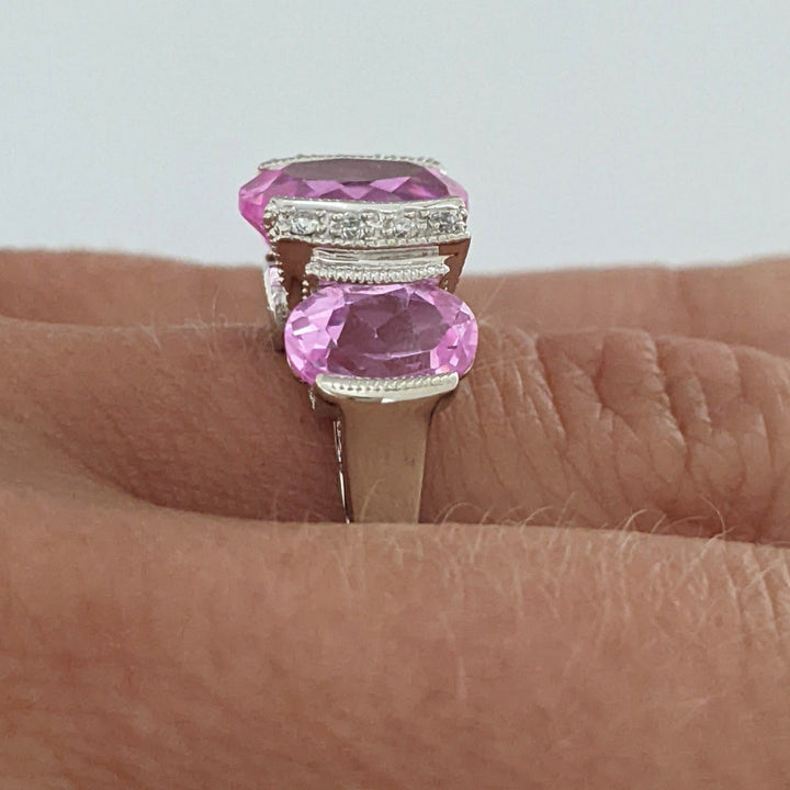 14K WHITE LAB-CREATED PINK SAPPHIRE OVAL (3) WTH .20 DIAMOND TOTAL WEIGHT HALF BEZEL ESTATE RING 4.2 GRAMS